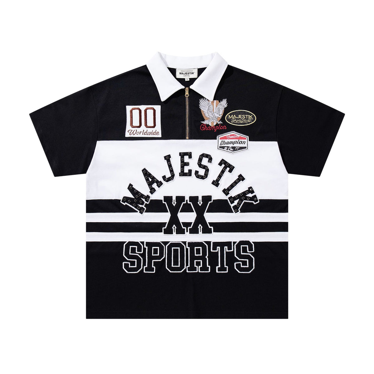 Cross border Meichao MAJESTIK Direct Spray American Street Hip Hop Printed Hot Diamond Embroidered Retro Washed Short sleeved T-shirt