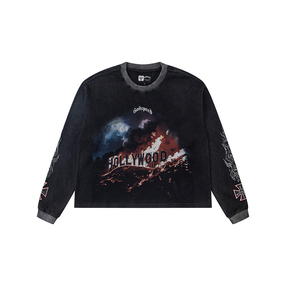 Cross border fashion Godspeed new American street hip-hop print retro waffle casual long sleeved T-shirt