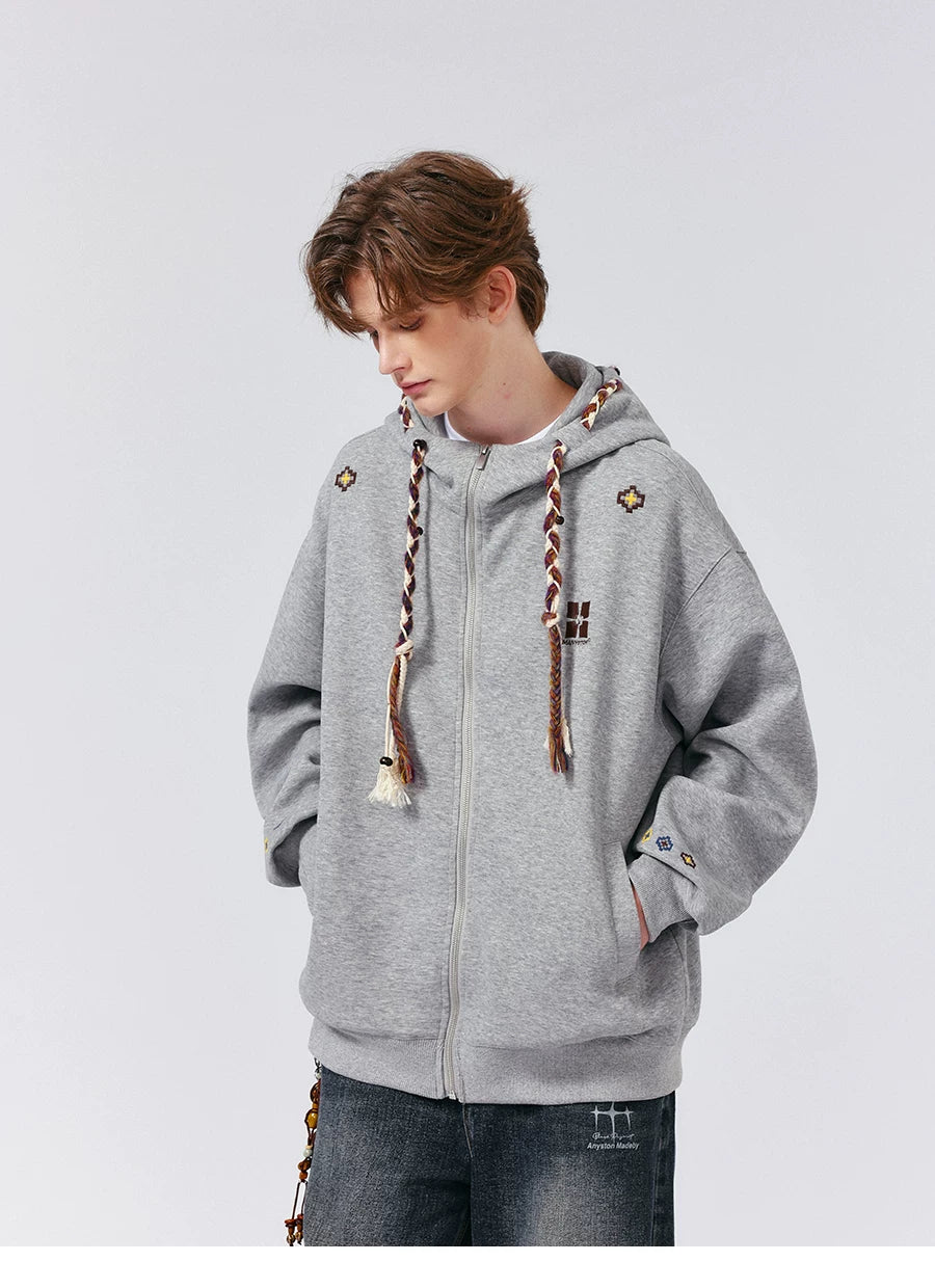 MANYSTON American High Street Fried Dough Twists Braid Hooded Zipper Guards Men's Spring and Autumn 420g Heavyweight Hoodie Coat