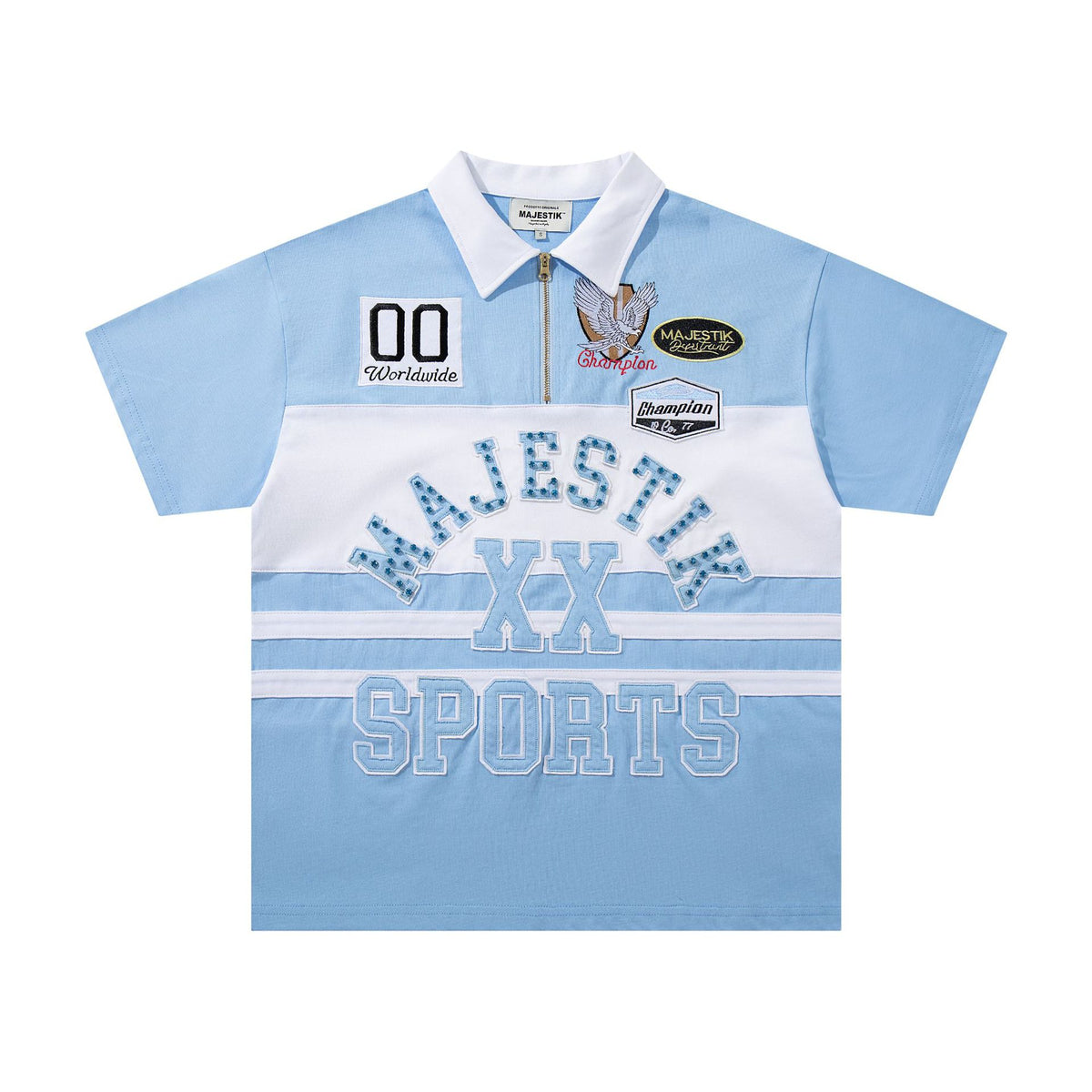 Cross border Meichao MAJESTIK Direct Spray American Street Hip Hop Printed Hot Diamond Embroidered Retro Washed Short sleeved T-shirt
