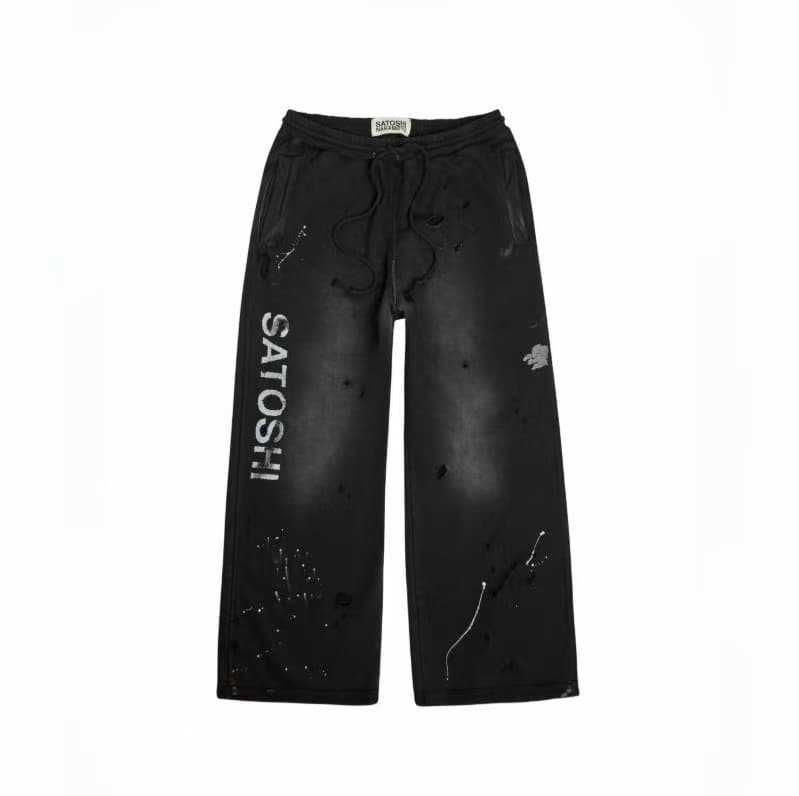 Cross border trendy brand Satoshi Nakamoto lace up, worn mid waist, splashed ink, washed away, damaged sports and casual pants