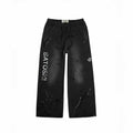 Cross border trendy brand Satoshi Nakamoto lace up, worn mid waist, splashed ink, washed away, damaged sports and casual pants