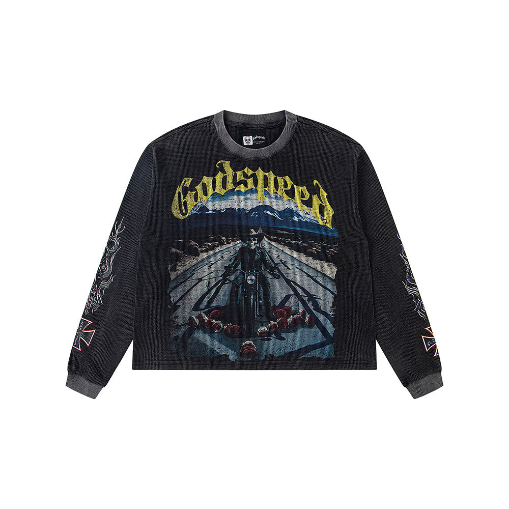 Cross border fashion Godspeed new American street hip-hop print retro waffle casual long sleeved T-shirt