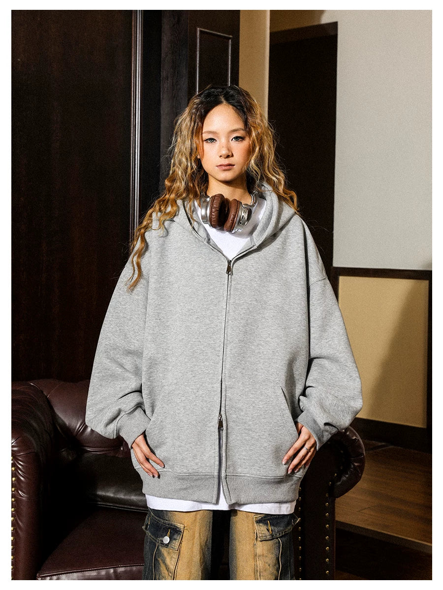 MANYSTON American high street cardigan zipper sweatshirt men's spring and autumn 400g heavyweight solid color long sleeved hooded jacket