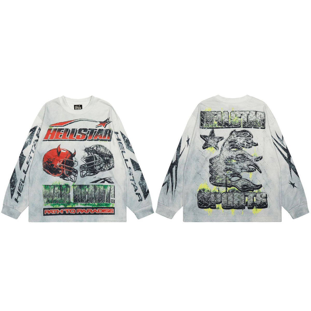 Cross border Hellstar Washed Retro Spray Horse Willow American Street Hip Hop Printed Long Sleeve T-shirt
