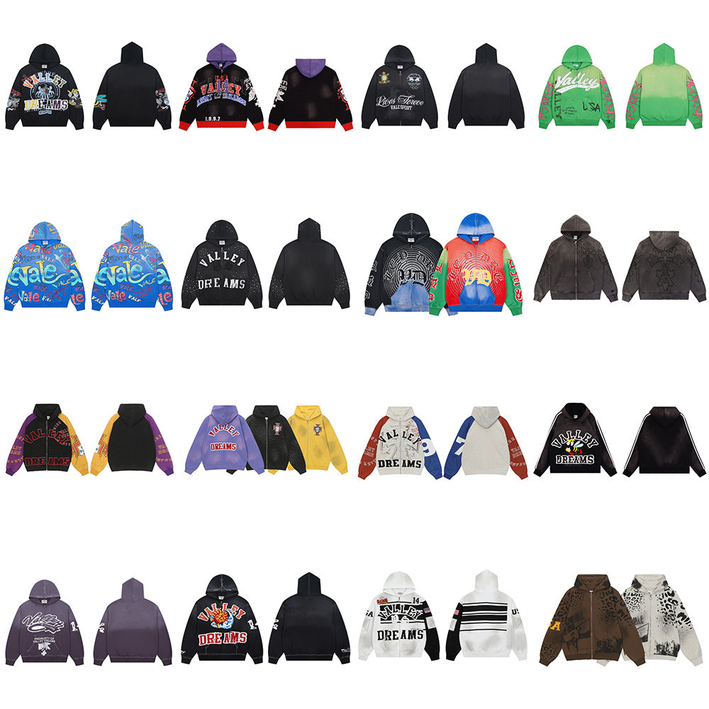 Cross border fashion VALE new street hip-hop American wash retro pure cotton hoodie printed trendy jacket