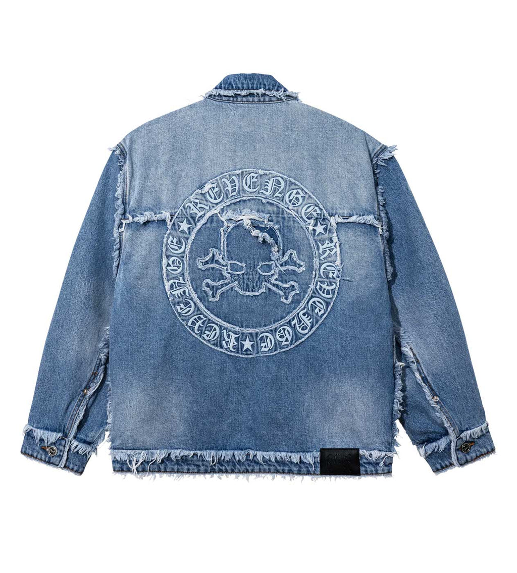 Revenge Frayed Skull Patched Denim Jacket Indigo