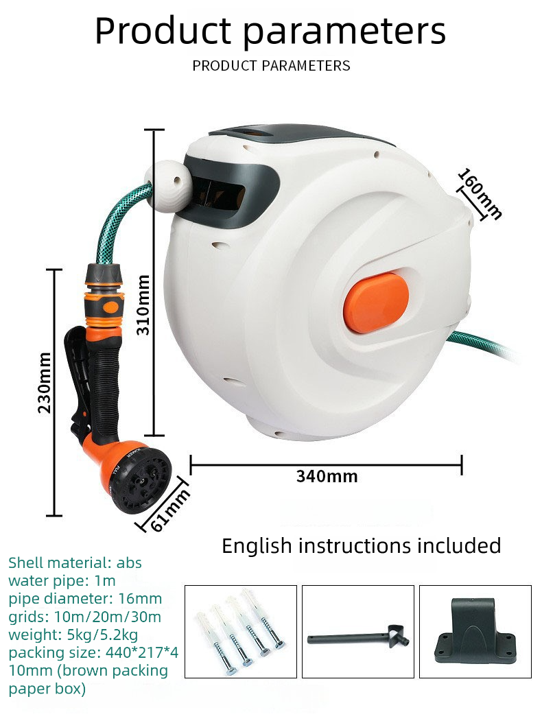 Extendable hose reel, 180° rotation, with 9 spray patterns